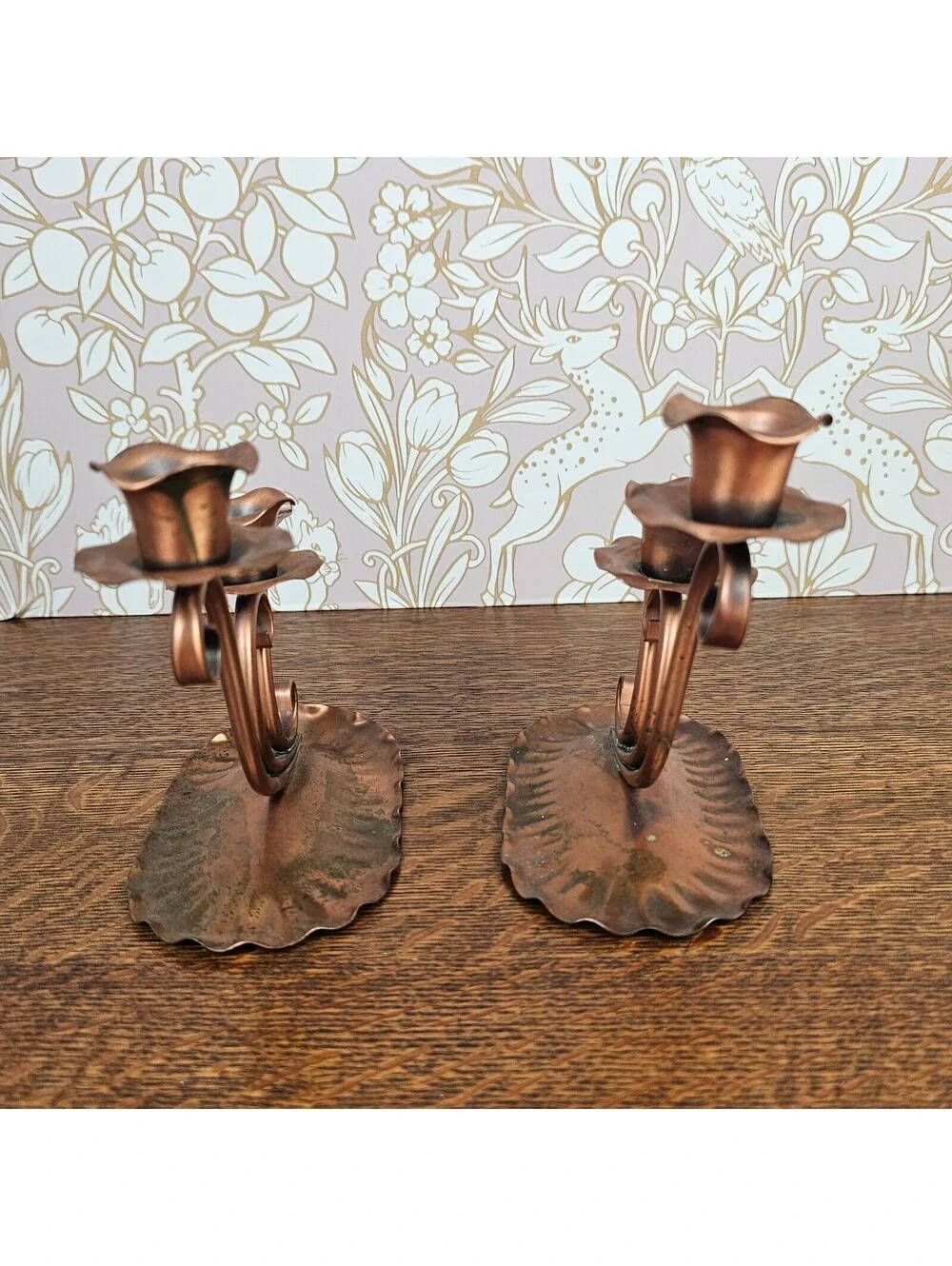 Vintage Gregorian Solid Copper Candle Holders Pair with Candle Snuffer